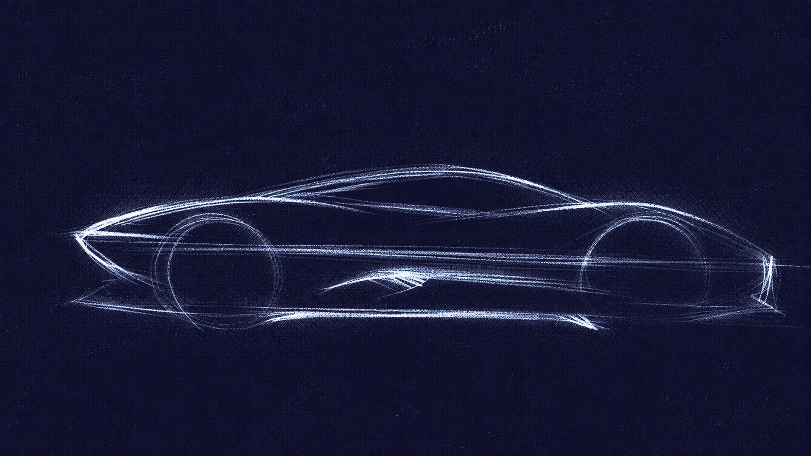 White concept sketch of a low sports car on a deep indigo field.