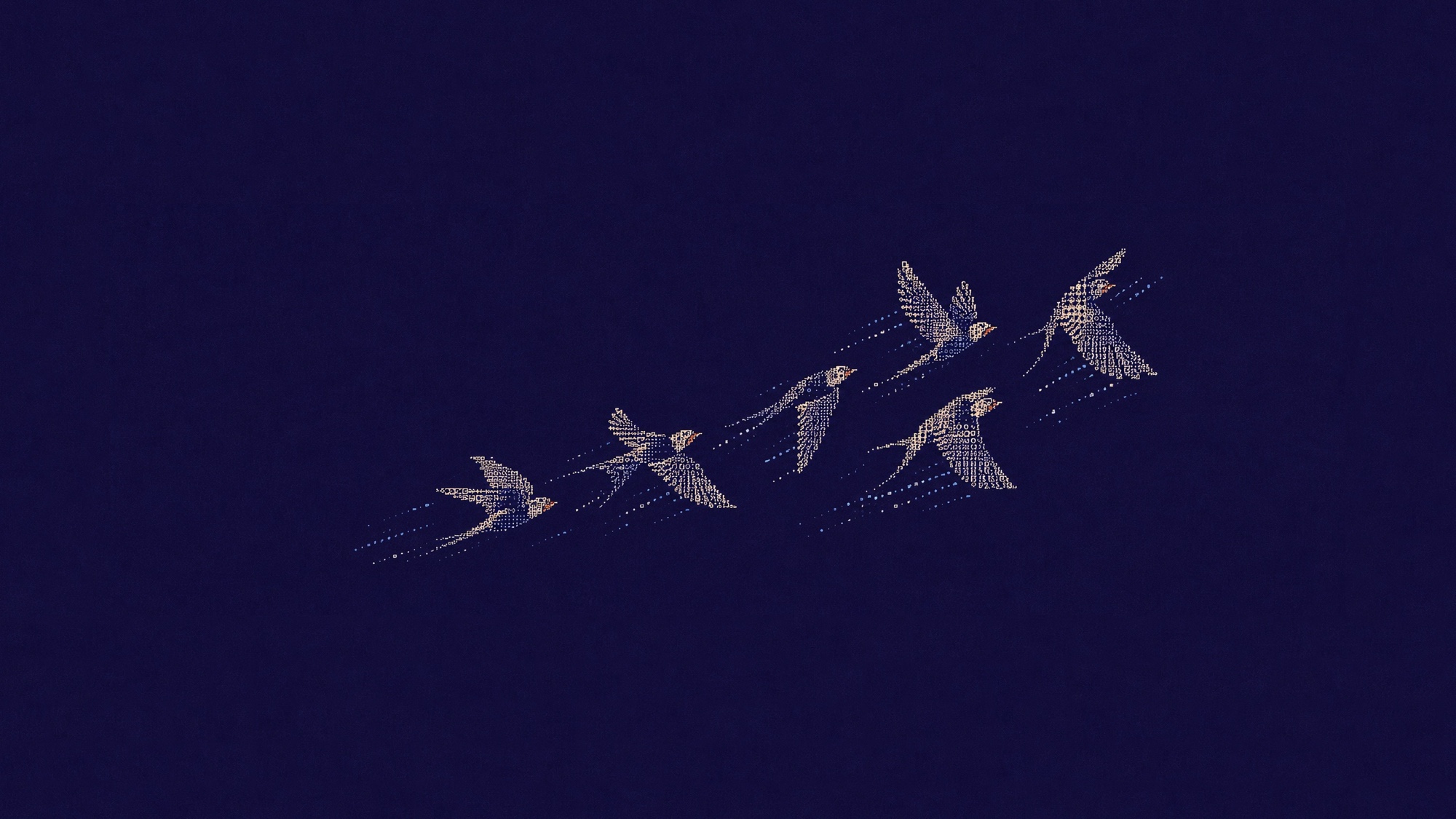 Dithered flock of birds mid-flight, ascending in sequence across a deep indigo field, trailing streams of dotted data.